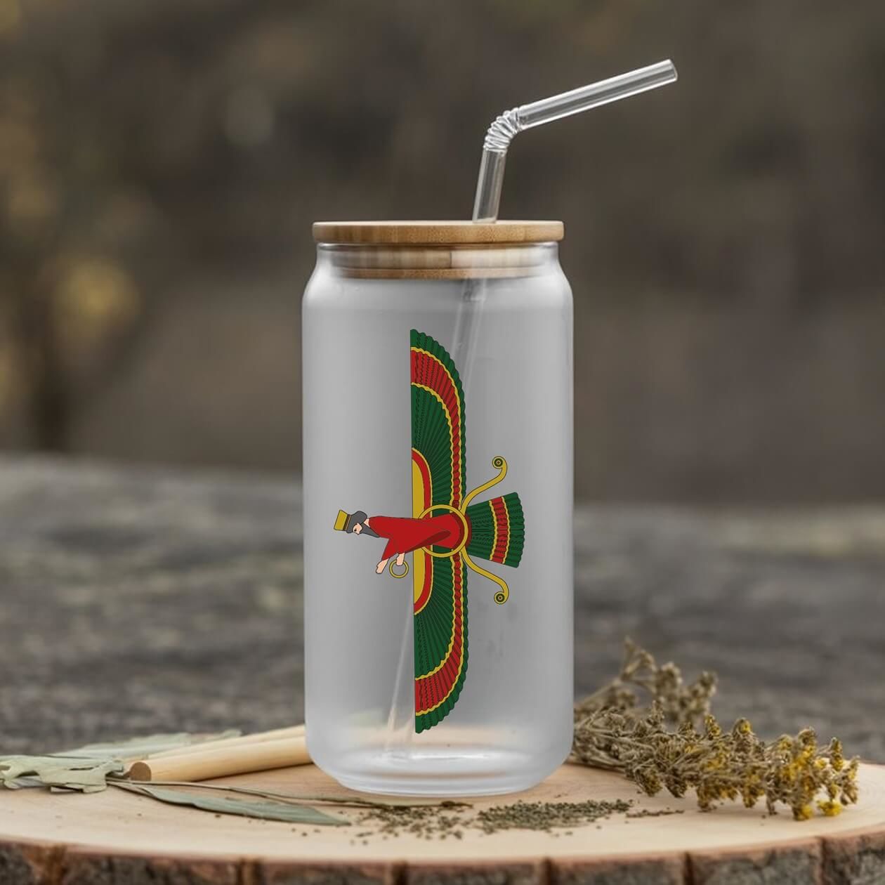 Ahura Mazda Tasarımlı Pipetli Su Süt Meyve Suyu Cam Suluk (600 ml)