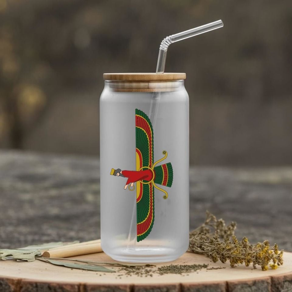 Ahura Mazda Tasarımlı Pipetli Su Süt Meyve Suyu Cam Suluk (600 ml)