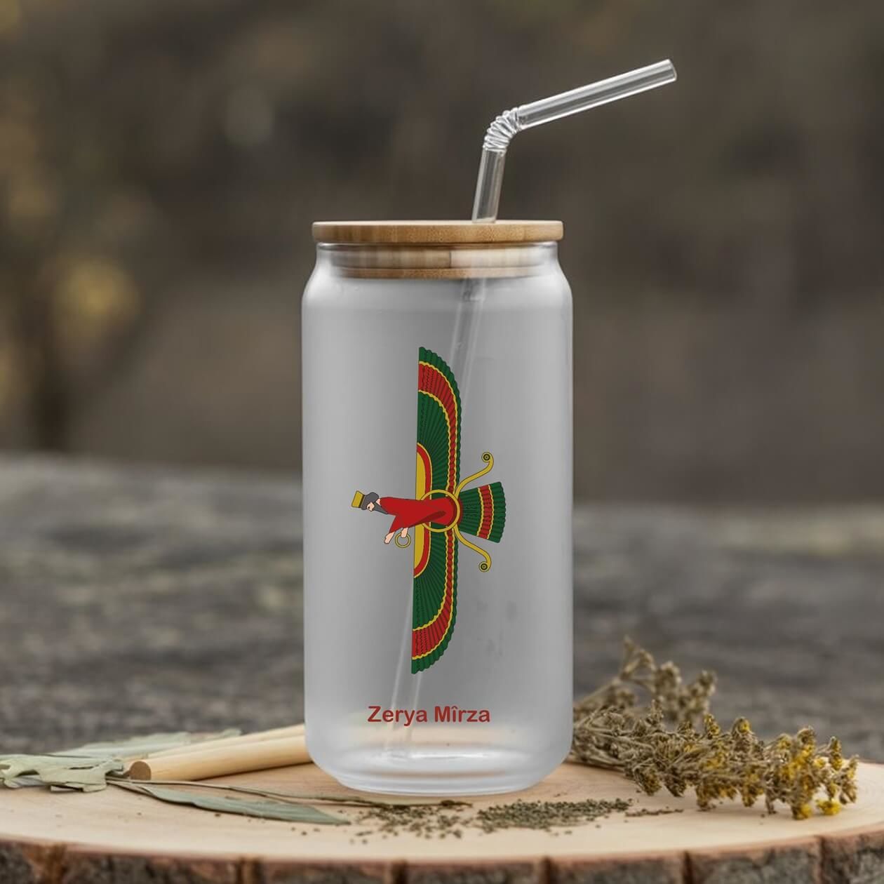 İsme Özel Ahura Mazda Tasarımlı Pipetli Su Süt Meyve Suyu Cam Suluk (600 ml)