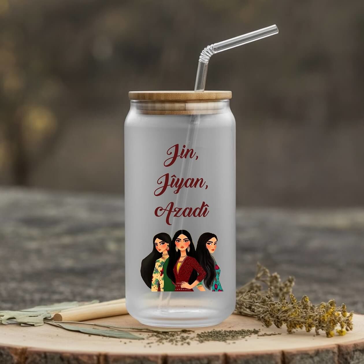 Jin Jiyan Azadi Tasarımlı Pipetli Su Süt Meyve Suyu Cam Suluk (600 ml)