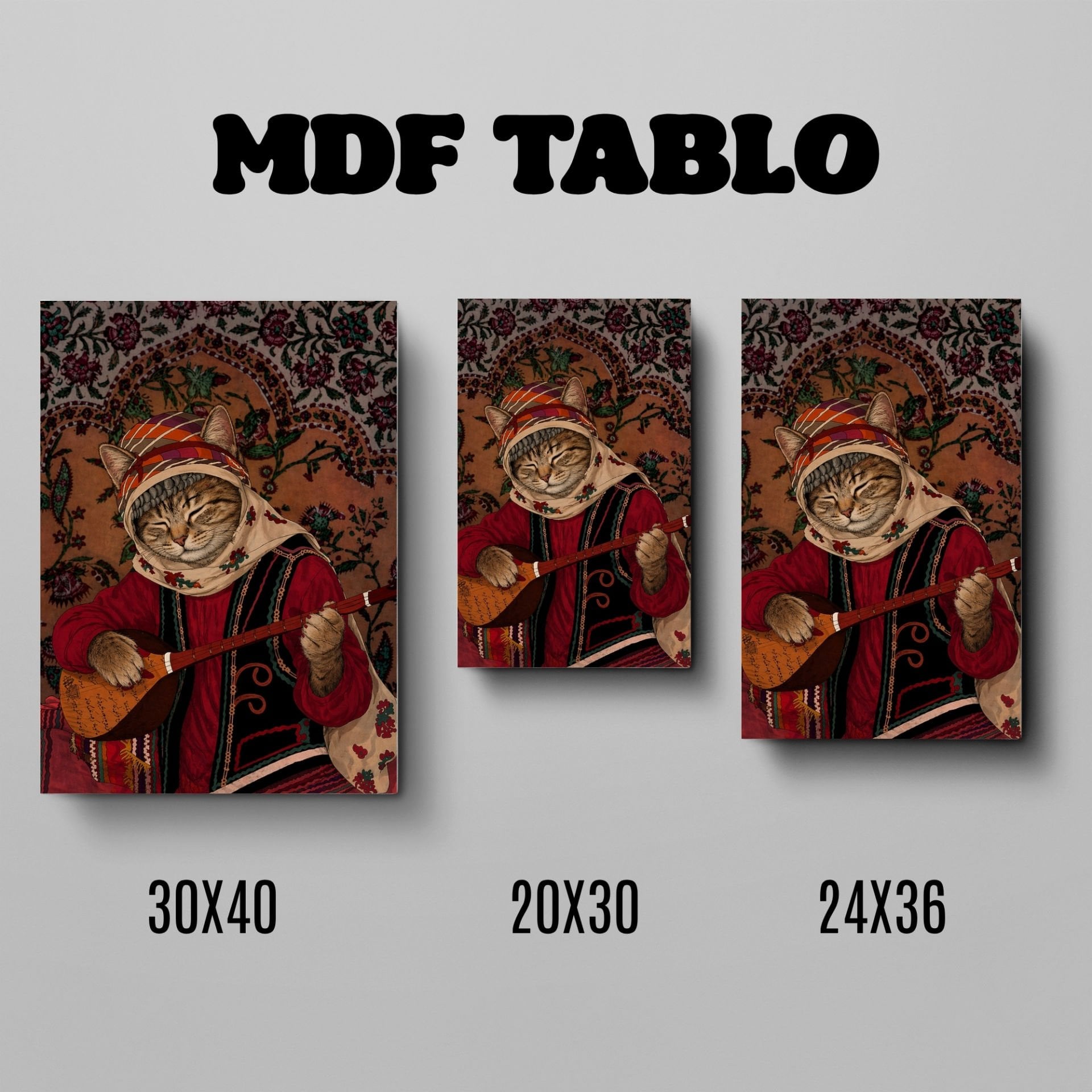 Tabloya Pisîkê - Saz Çalan Kedi Tasarımlı Duvar Dekoratif Mdf Ahşap Retro Poster Tablo