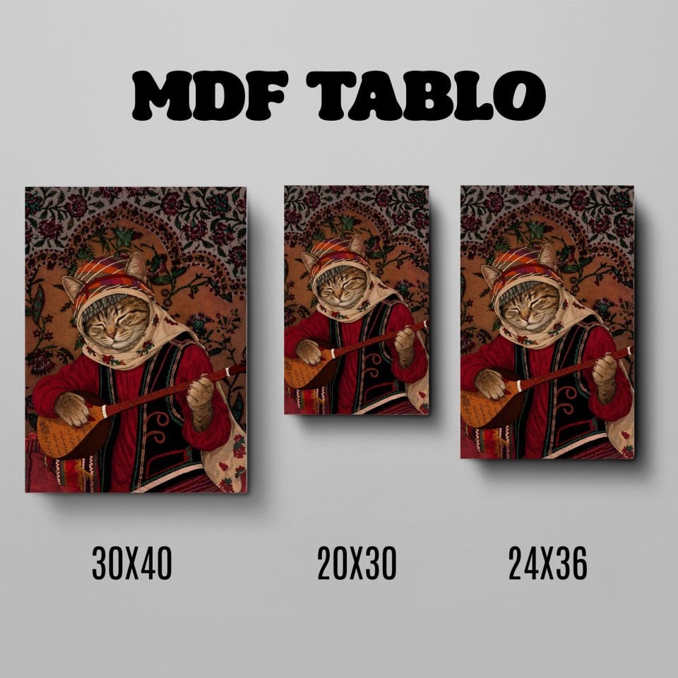 Tabloya Pisîkê - Saz Çalan Kedi Tasarımlı Duvar Dekoratif Mdf Ahşap Retro Poster Tablo