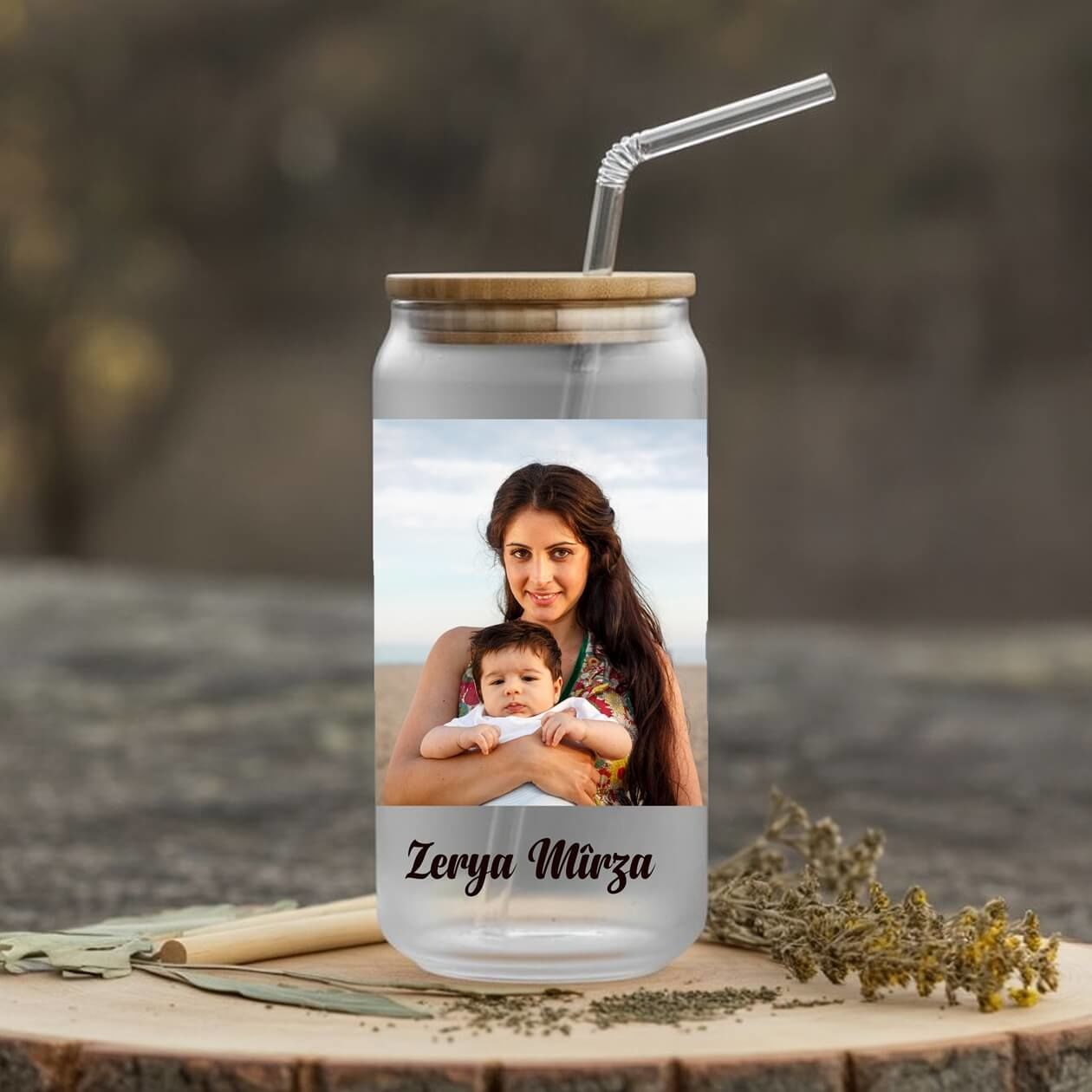 İsme Özel Resim Bastırmalı Pipetli Su Süt Meyve Suyu Cam Suluk (600 ml)