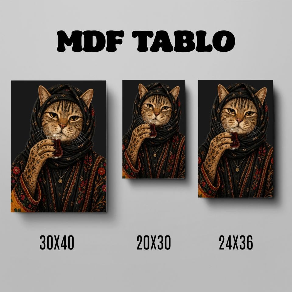 Tabloya Pisîkê - Çay İçen Kedi Tasarımlı Duvar Dekoratif Mdf Ahşap Retro Poster Tablo