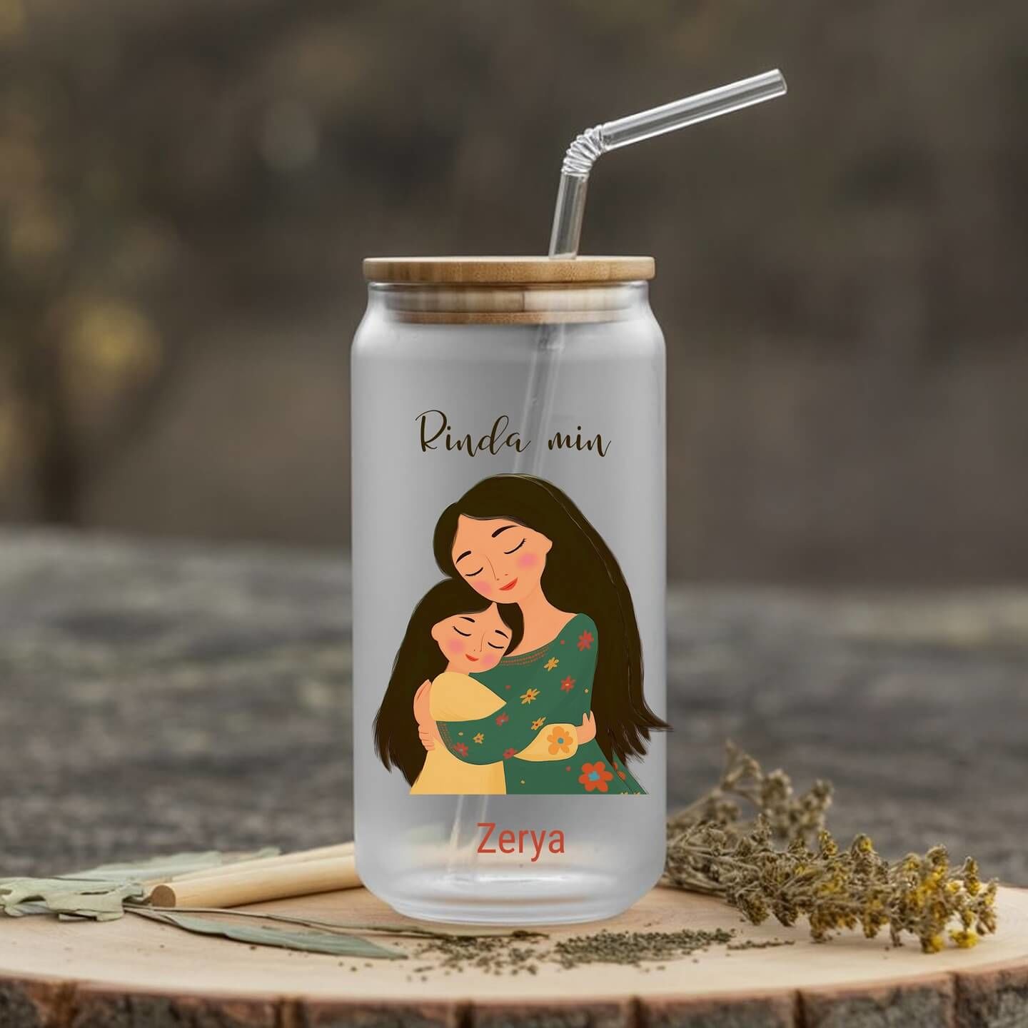 Çocuklar İçin İsme Özel Pipetli Su Süt Meyve Suyu Cam Suluk - Rinda Min Suluk (600 ml)