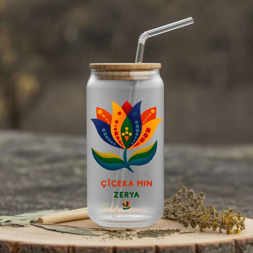 İsme Özel Pipetli Su Süt Meyve Suyu Cam Suluk - Çîçeka Min Suluk (600 ml)