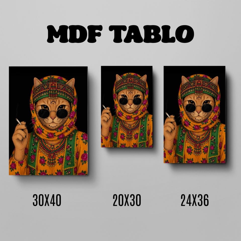 Tabloya Pisîkê - Sigara İçen Kedi Tasarımlı Duvar Dekoratif Mdf Ahşap Retro Poster Tablo