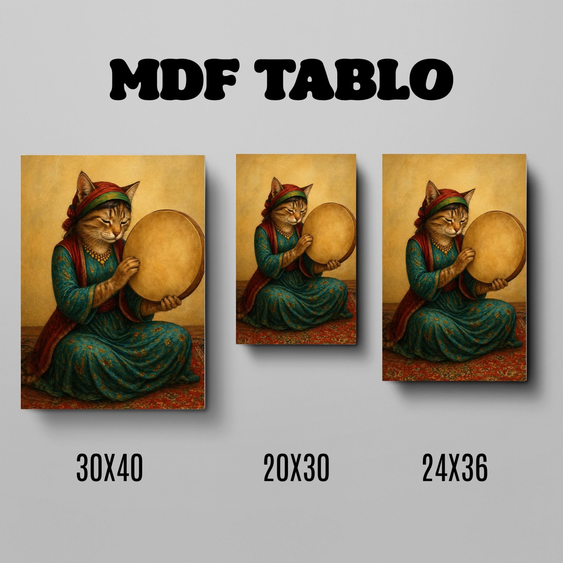 Tabloya Pisîkê - Def Çalan Kedi Tasarımlı Duvar Dekoratif Mdf Ahşap Retro Poster Tablo