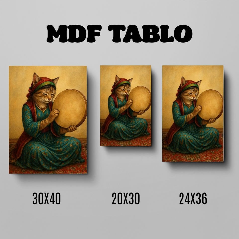 Tabloya Pisîkê - Def Çalan Kedi Tasarımlı Duvar Dekoratif Mdf Ahşap Retro Poster Tablo