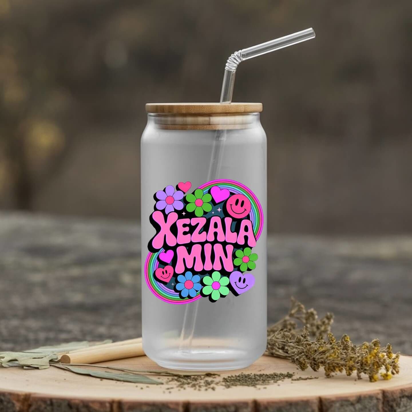 Kürtçe Xezala Min Tasarımlı Pipetli Su Süt Meyve Suyu Cam Suluk - Xezala Min Suluk (600 ml)