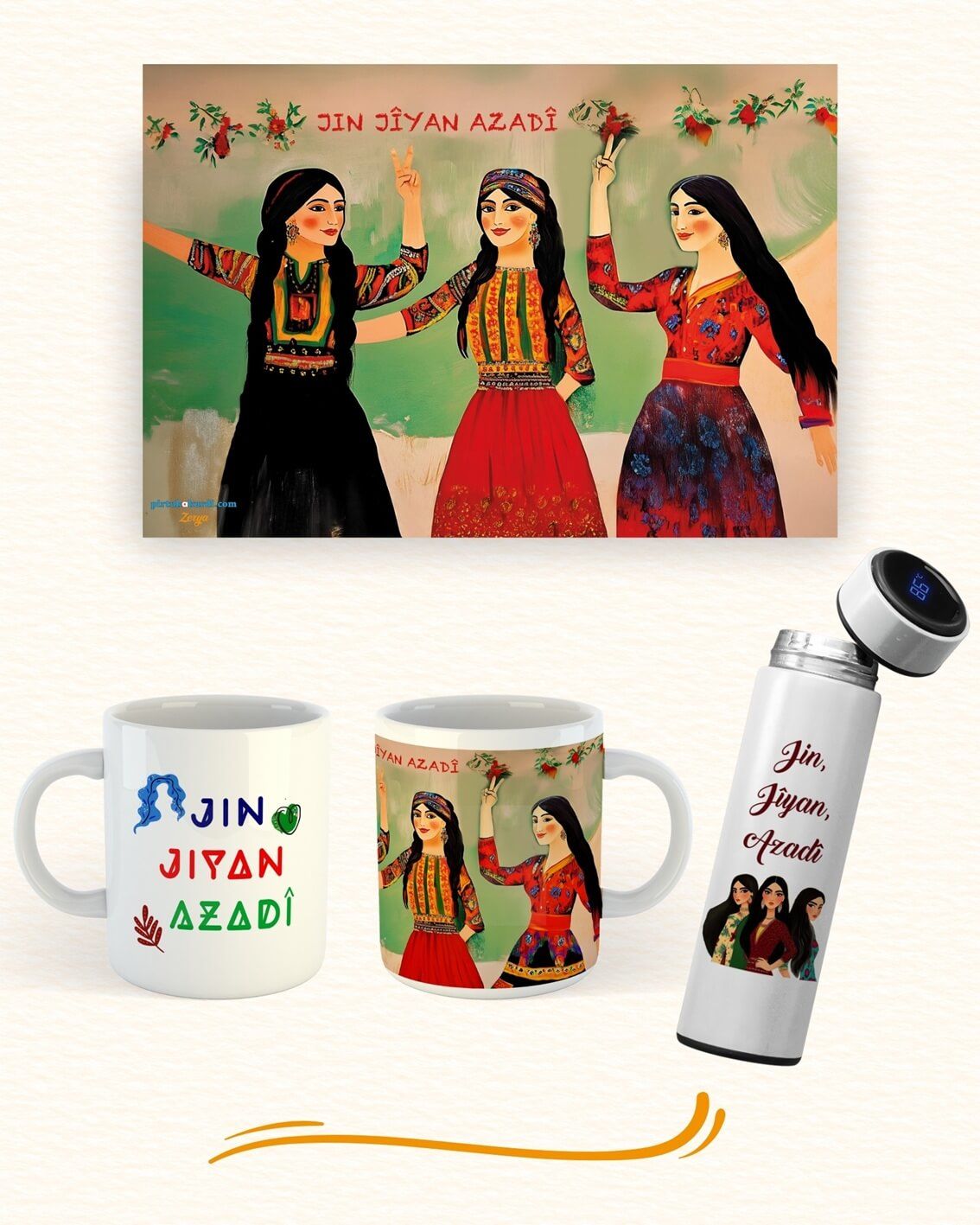 Jin Jiyan Azadi Tasarımlı Kupa Termos ve Poster Seti