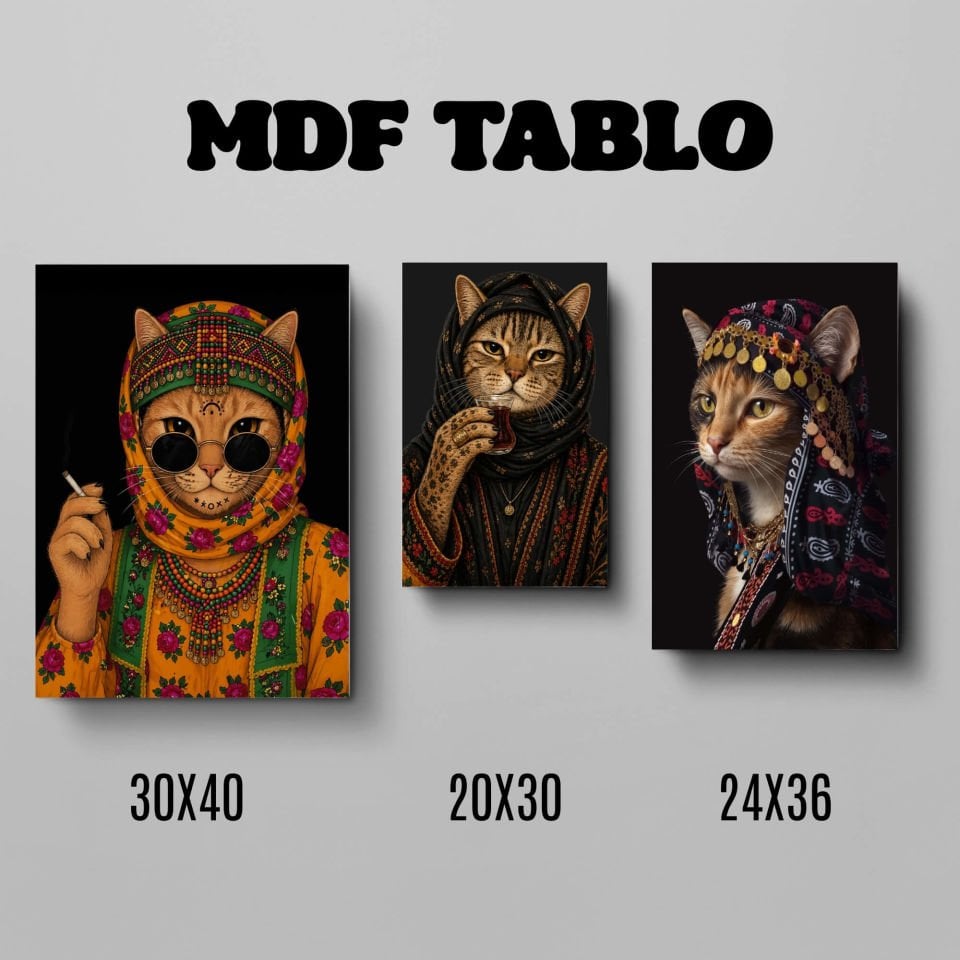 Tabloya Pisîkan - Sigara Çay ve Yazmalı Kedi Görselli Tasarımlı Motifli Duvar Dekoratif Mdf Ahşap Retro Poster Tablo