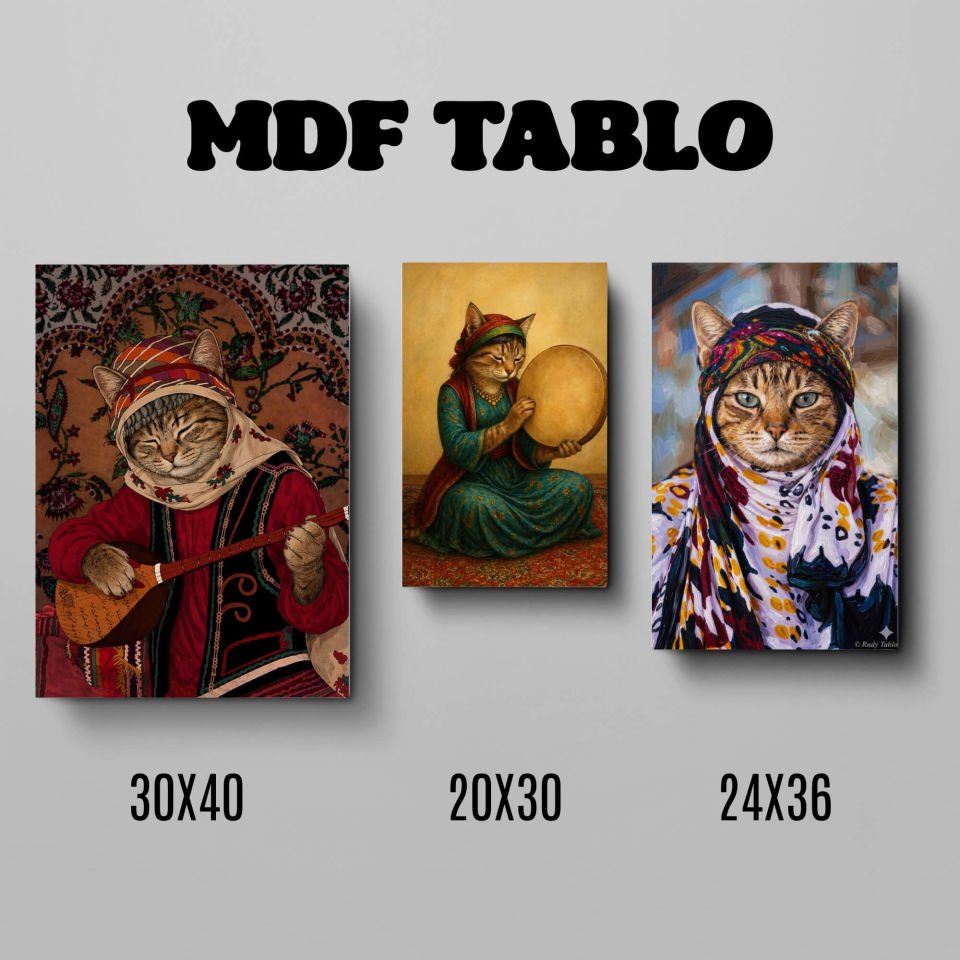 Tabloya Pisîkan - Saz Def ve Örtülü Kedi Görselli Tasarımlı Motifli Duvar Dekoratif Mdf Ahşap Retro Poster Tablo SETİ
