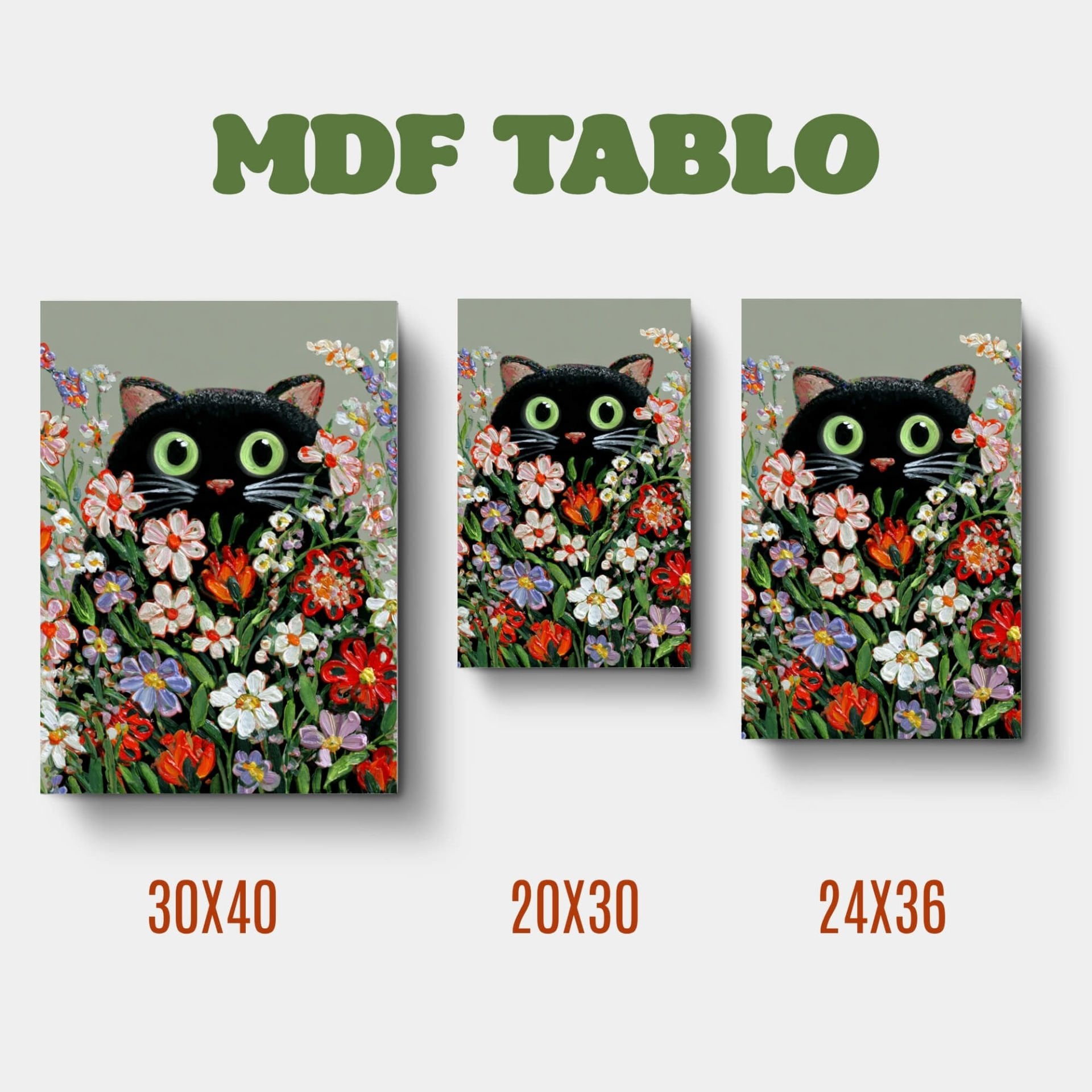 Tabloya Pisîkê - Siyah Çiçekli Kedi Tasarımlı Duvar Dekoratif Mdf Ahşap Retro Poster Tablo