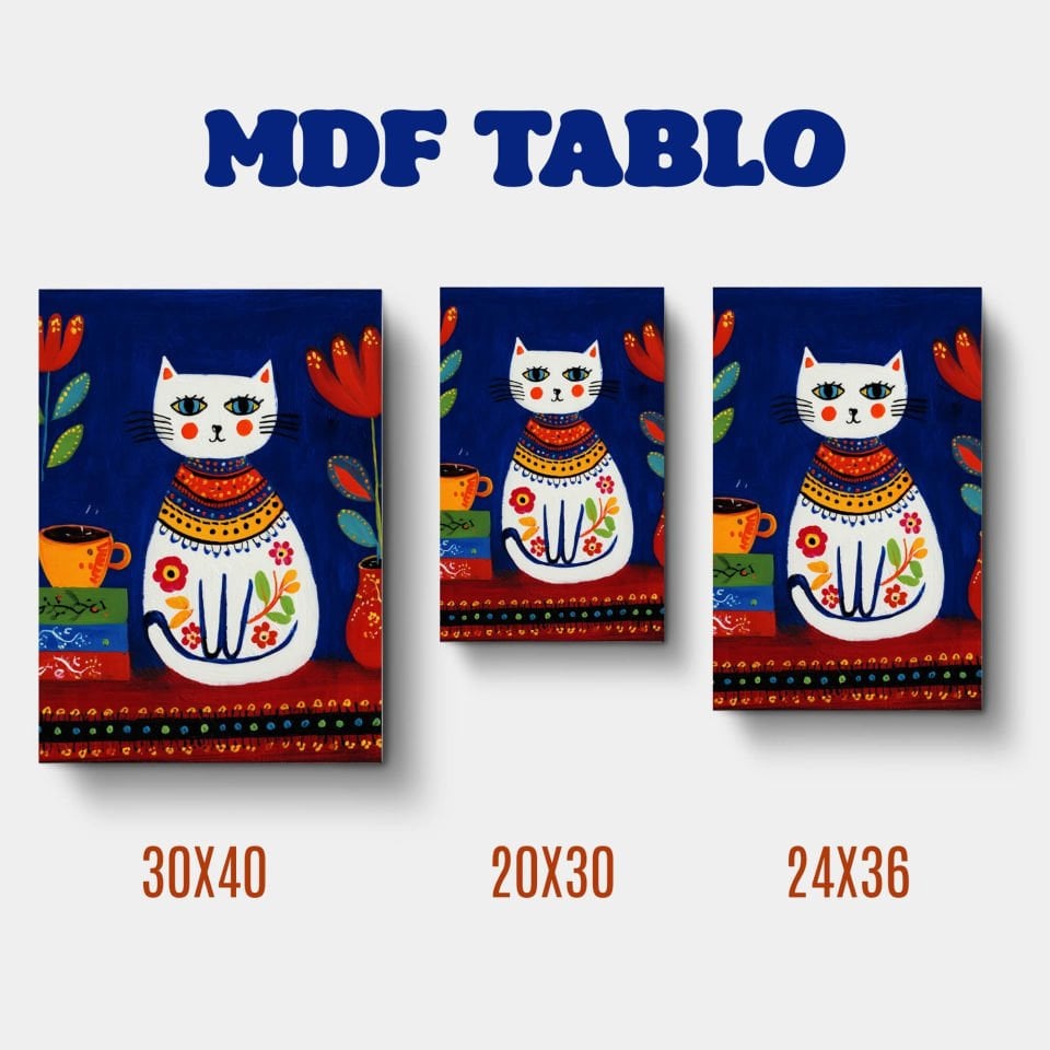 Tabloya Pisîkê - Beyaz Çiçekli Kedi Tasarımlı Duvar Dekoratif Mdf Ahşap Retro Poster Tablo
