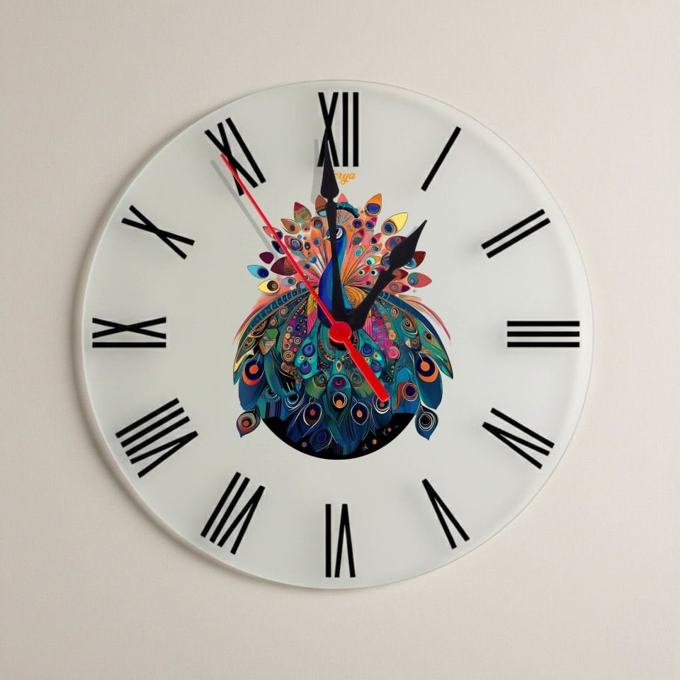 Melekê Tawis Motifli Roma Rakamlı Duvar Saati - Tavus Kuşlu Saat