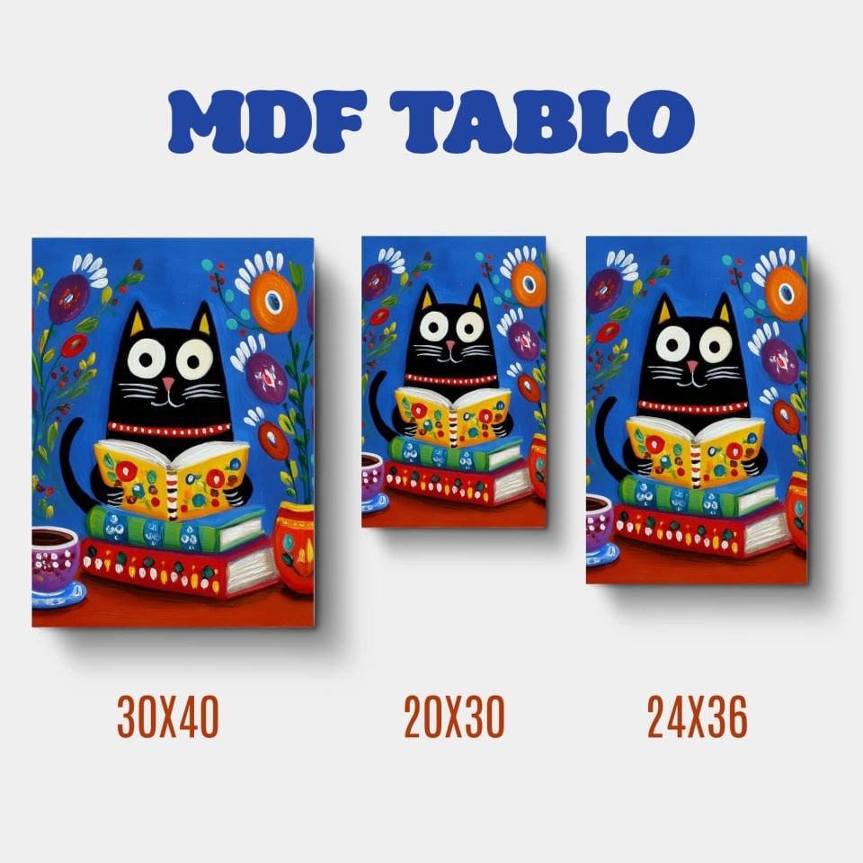 Tabloya Pisîkê - Kitap Okuyan Siyahi Kedi Tasarımlı Duvar Dekoratif Mdf Ahşap Retro Poster Tablo
