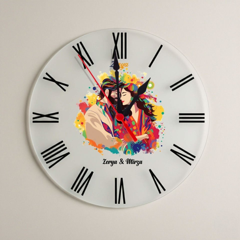 Sevgililere ve İsme Özel Mem û Zîn Tasarımlı Roma Rakamlı Duvar Saati