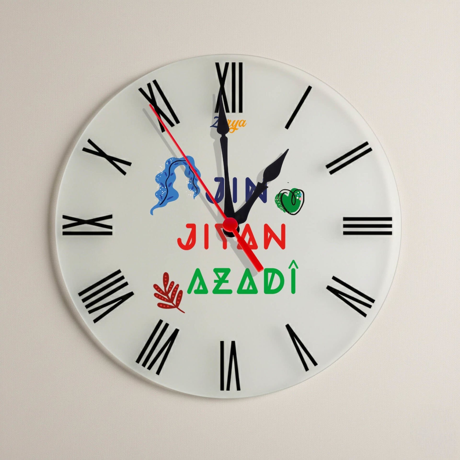 Jin Jiyan Azadi Yazılı Roma Rakamlı Duvar Saati
