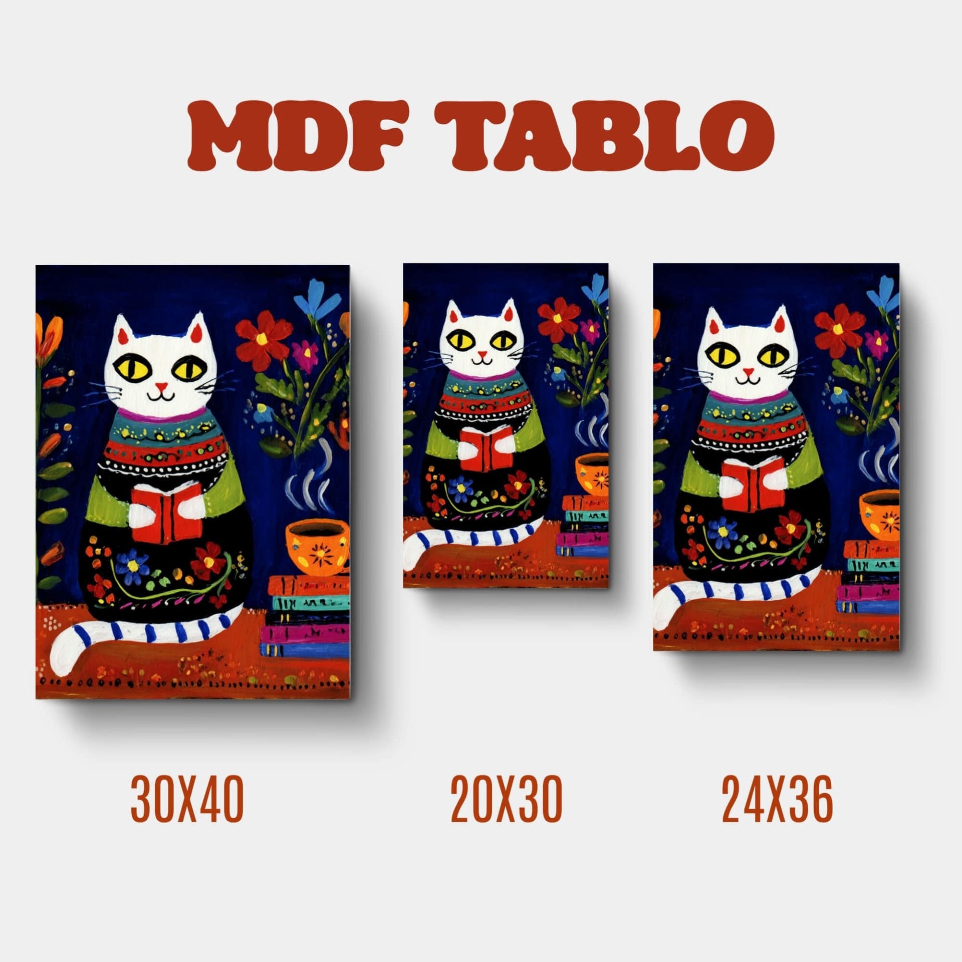 Tabloya Pisîkê - Kitap Okuyan Beyaz Çiçekli Kedi Tasarımlı Duvar Dekoratif Mdf Ahşap Retro Poster Tablo