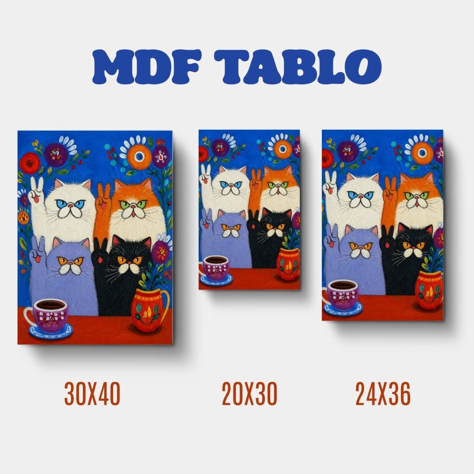 Tabloya Pisîkê - Zafer İşaretli 4 Kedi Tasarımlı Duvar Dekoratif Mdf Ahşap Retro Poster Tablo