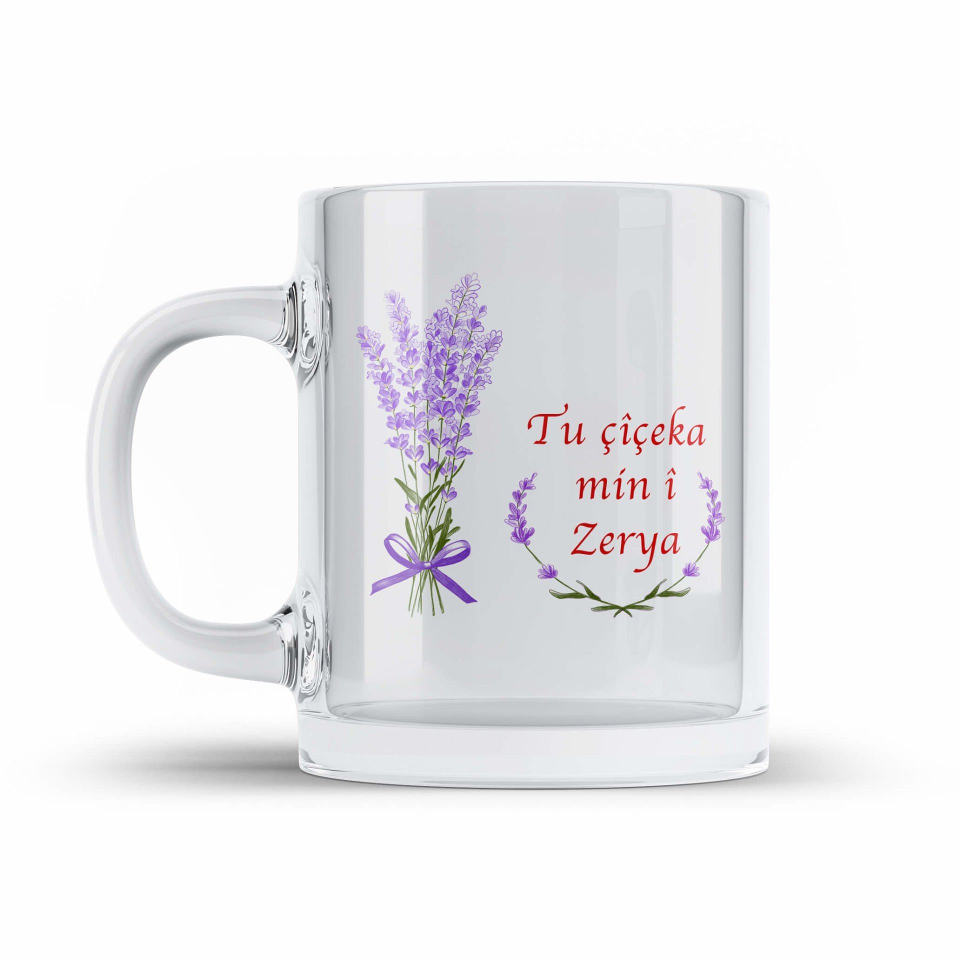 İsme Sevgililere Özel Kürtçe Tu Çiçeka Min i Tasarımlı şeffaf Camlı Kupa Bardak - Tu Çiçeka Min i Bardağı