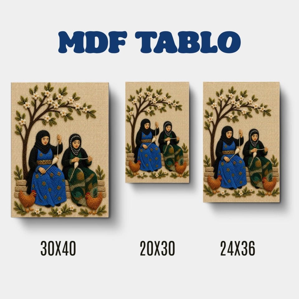 Tabloya Bi Teşî - Teşili Kadınlar Nakış Motifli Tasarımlı Duvar Dekoratif Mdf Ahşap Retro Poster Tablo