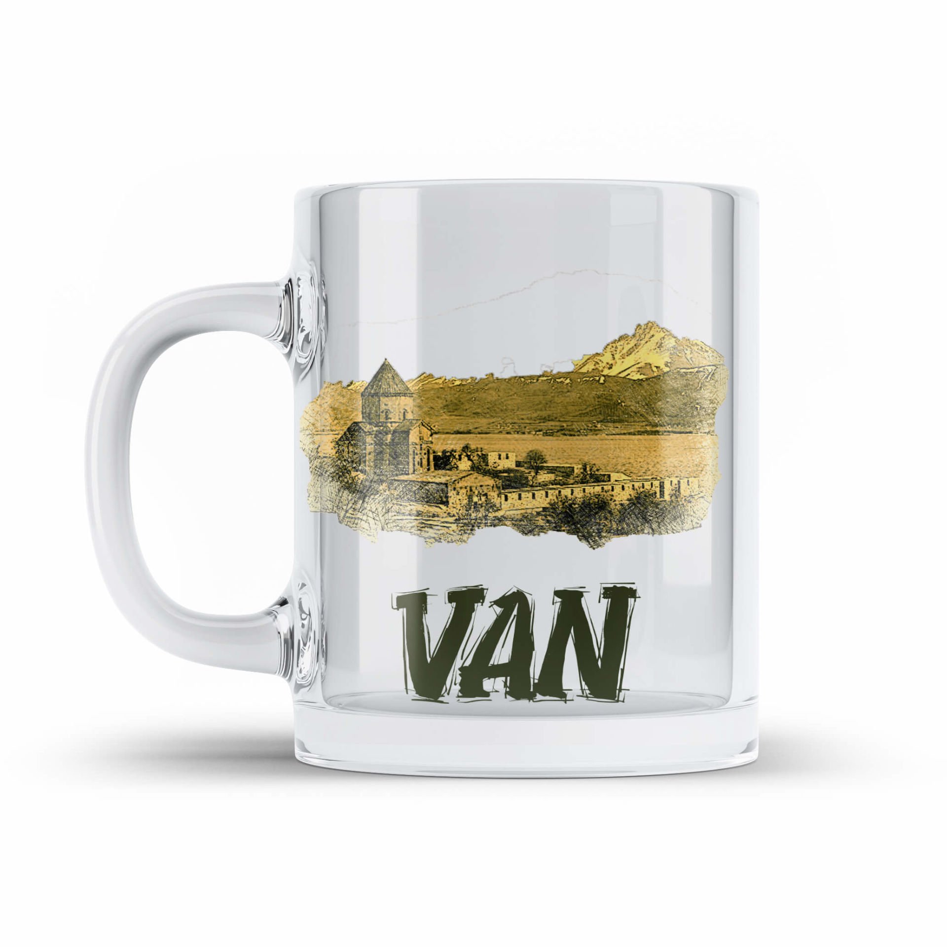 Van Şehri Akdamar Tasarımlı Şeffaf Camlı Kupa Bardak - Van Şehri Akdamar Tasarımlı Bardağı