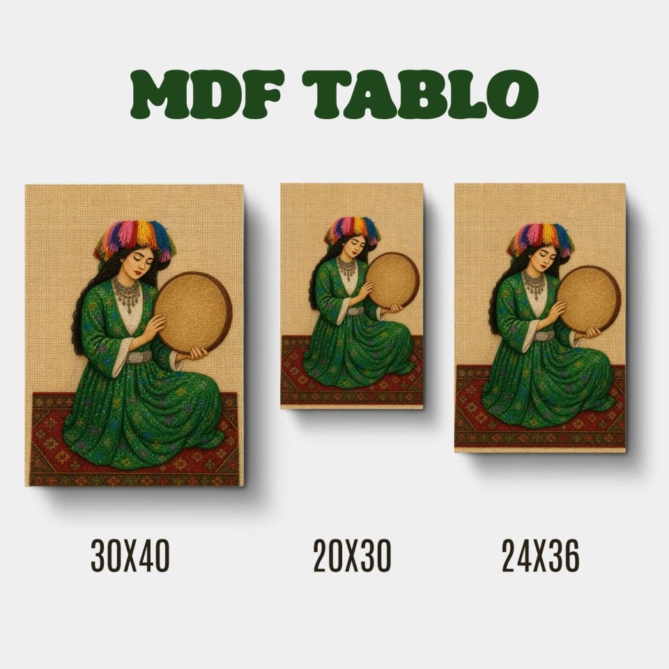 Tabloya Jina Bi Def - Def Çalan Kadın Nakış Motifli Tasarımlı Duvar Dekoratif Mdf Ahşap Retro Poster Tablo
