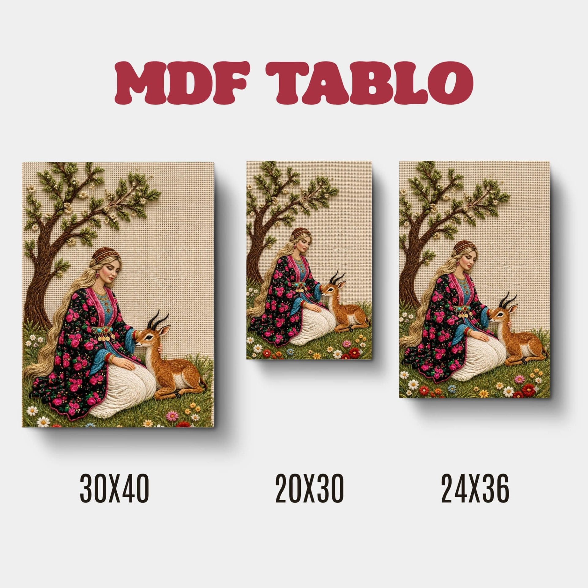 Tabloya Jin û Xezal - Kadın ve Geyik Nakış Motifli Tasarımlı Duvar Dekoratif Mdf Ahşap Retro Poster Tablo