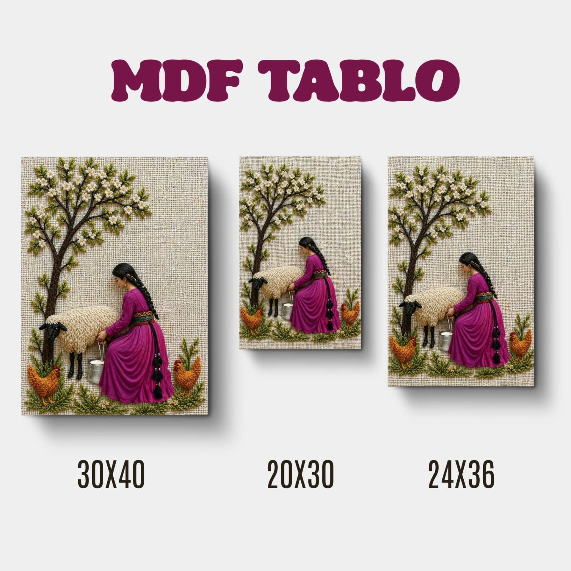 Tabloya Jin û Pez - Kadın ve Koyun Nakış Motifli Tasarımlı Duvar Dekoratif Mdf Ahşap Retro Poster Tablo