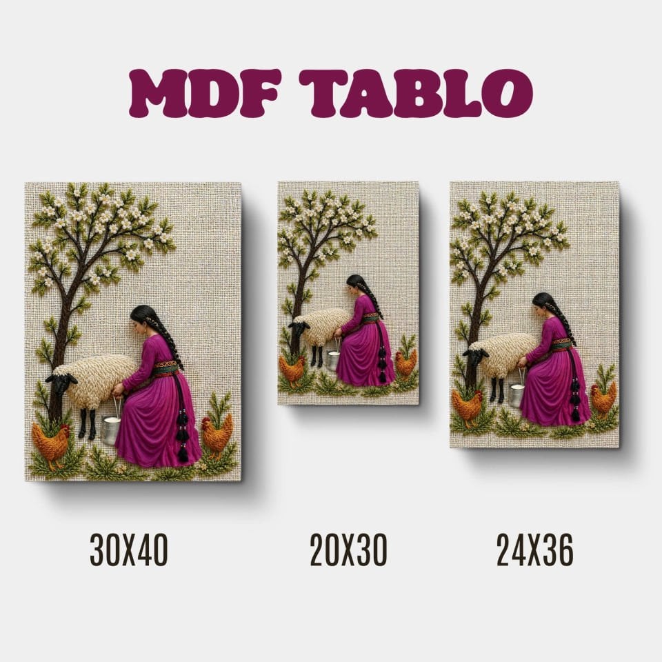 Tabloya Jin û Pez - Kadın ve Koyun Nakış Motifli Tasarımlı Duvar Dekoratif Mdf Ahşap Retro Poster Tablo
