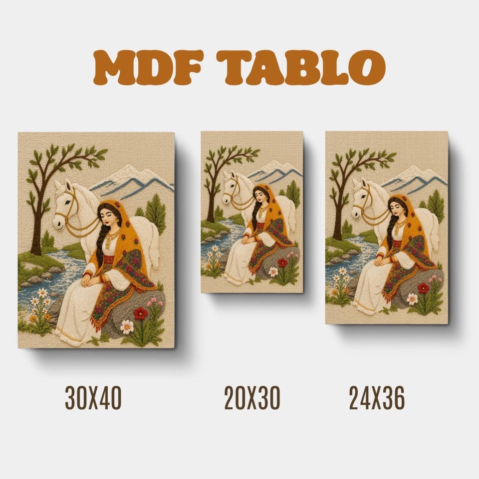 Tabloya Jin û Hesp - Kadın ve At Nakış Motifli Tasarımlı Duvar Dekoratif Mdf Ahşap Retro Poster Tablo