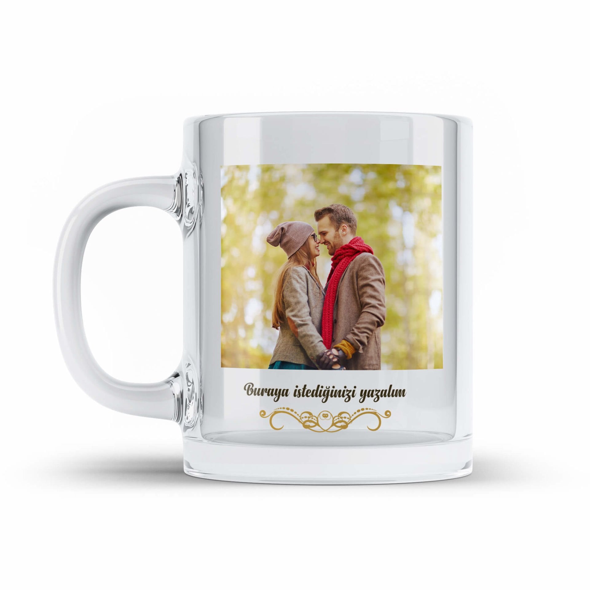 Kişiye Özel Resimli Notlu Sevgililere Şeffaf Camlı Kupa Bardak - Özel Resimli Camlı Bardak