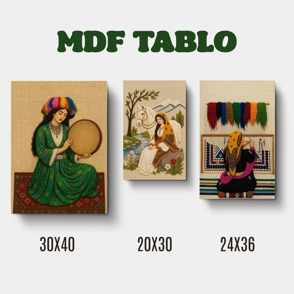 Halı Def ve At Kadın Nakış Görselli Tasarımlı Motifli Duvar Dekoratif Mdf Ahşap Retro Poster Tablo SETİ