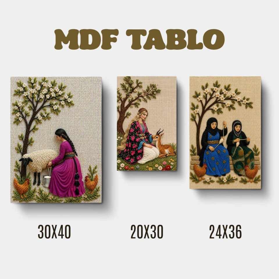 Teşi Geyik ve Koyun Kadın Nakış Görselli Tasarımlı Motifli Duvar Dekoratif Mdf Ahşap Retro Poster Tablo