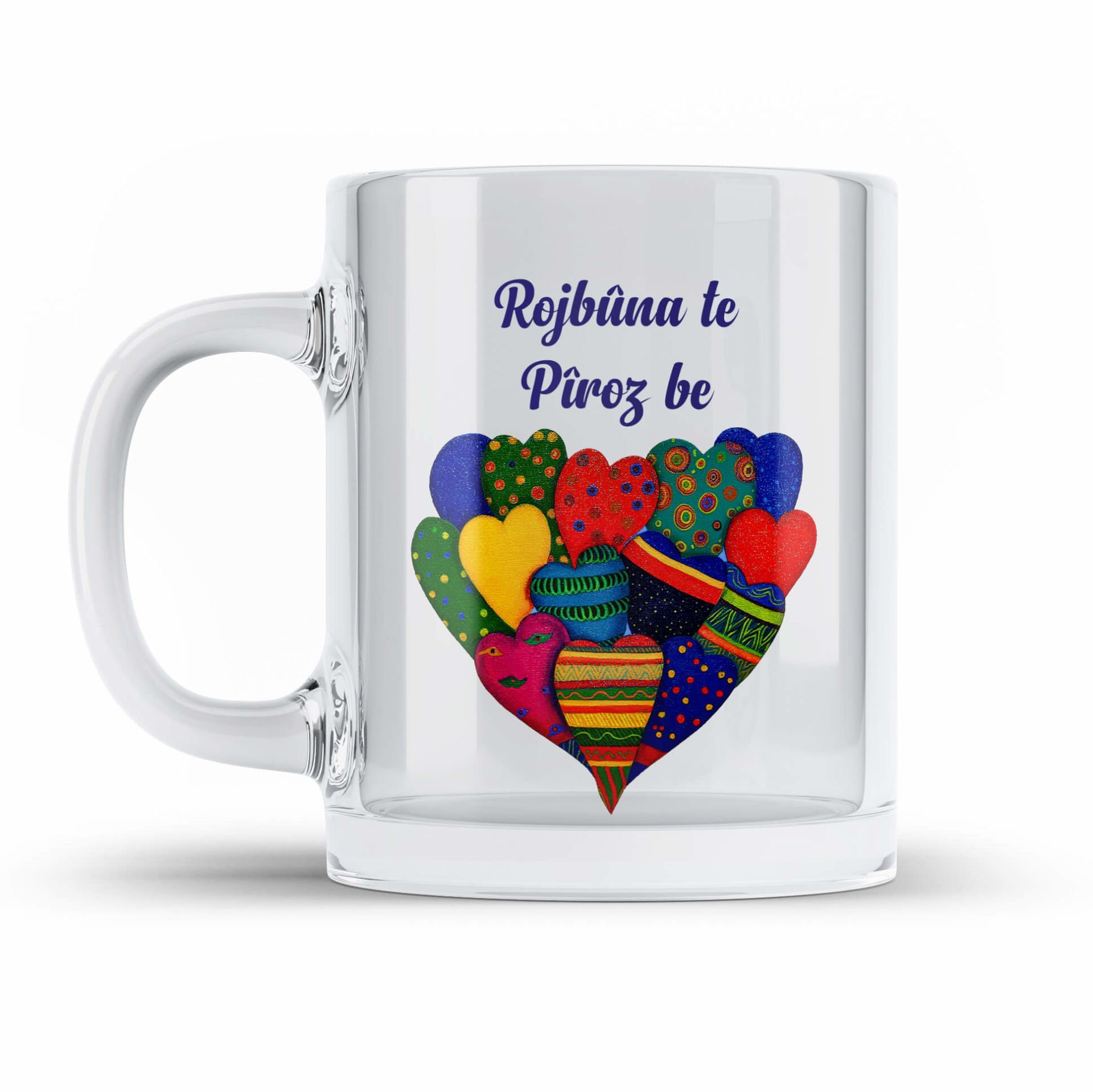 Kürtçe Doğum Günü Kutlama Kalpli Şeffaf Camlı Kupa Bardağı - Rojbûna Te Pîroz be Kalpli Cam Kupası