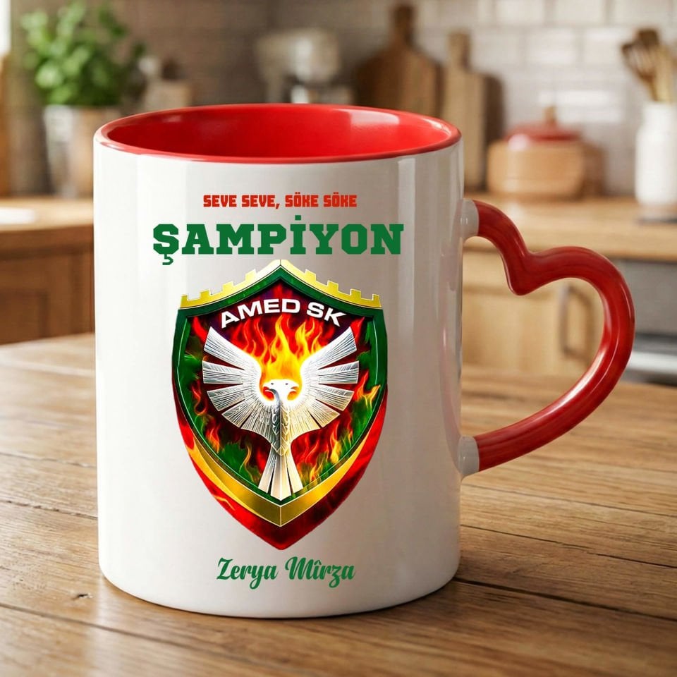 İsme Özel Seve Seve Söke Söke Şampiyon Amedspor Kırmızı Renkli Kalp Kupa Bardağı