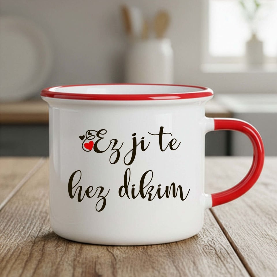 Kürtçe Sevgililere Özel Ez Ji Te Hez Dikim Enamel Kırmızı Kupa Bardak - Ez Ji Te Hez Dikim Enamel Bardak