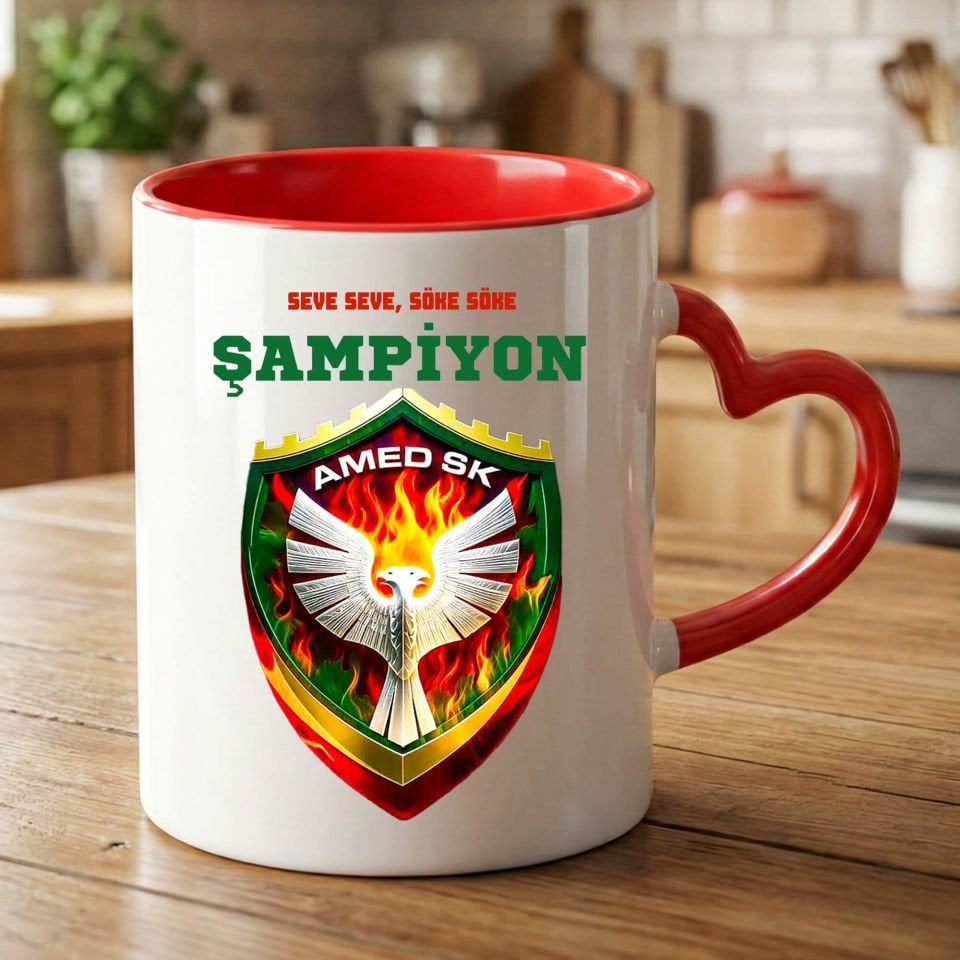 Seve Seve Söke Söke Şampiyon Amedspor Kırmızı Renkli Kalpli Kupa Bardağı