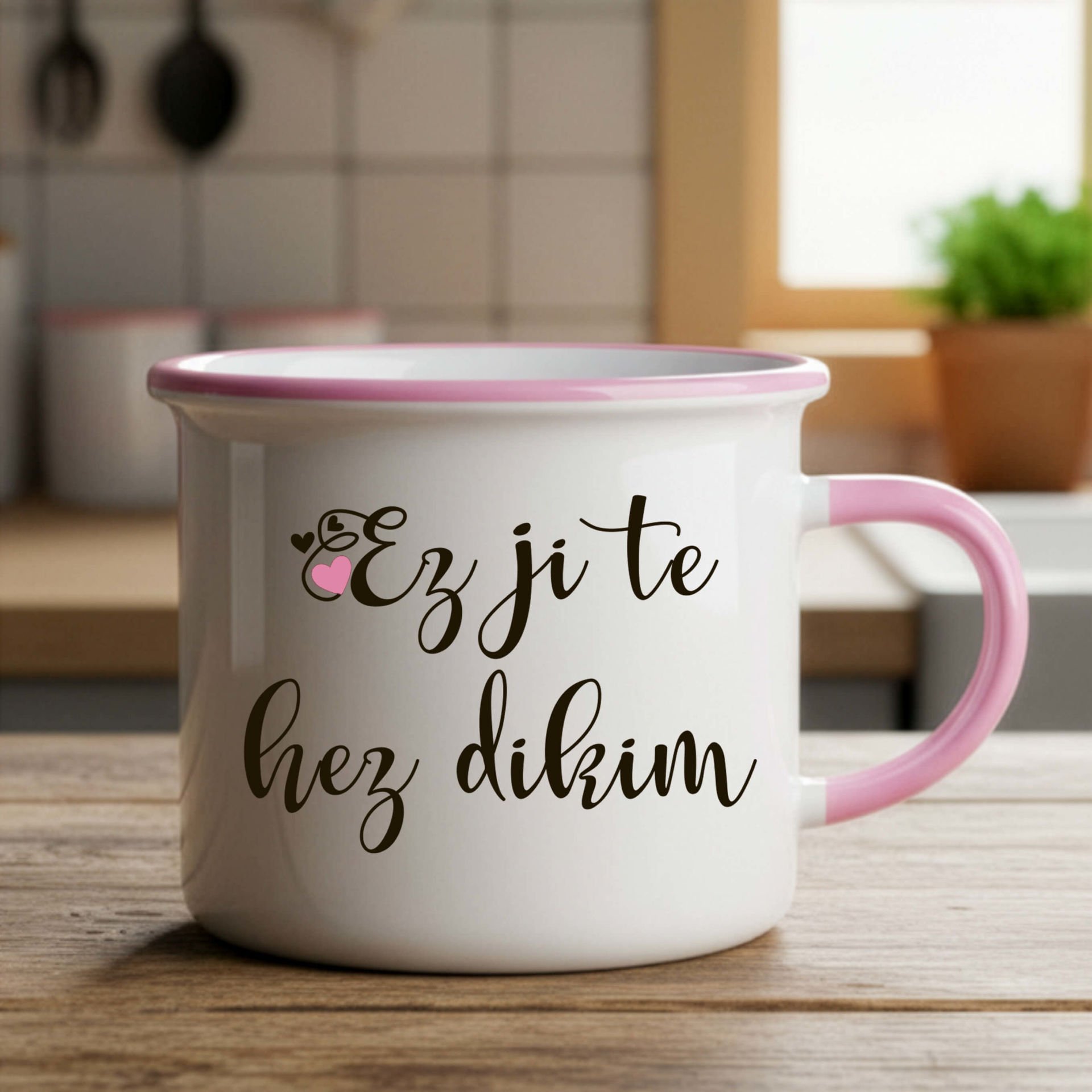 Kürtçe Sevgililere Özel Ez Ji Te Hez Dikim Enamel Pembe Kupa Bardak - Ez Ji Te Hez Dikim Enamel Pembe Bardak