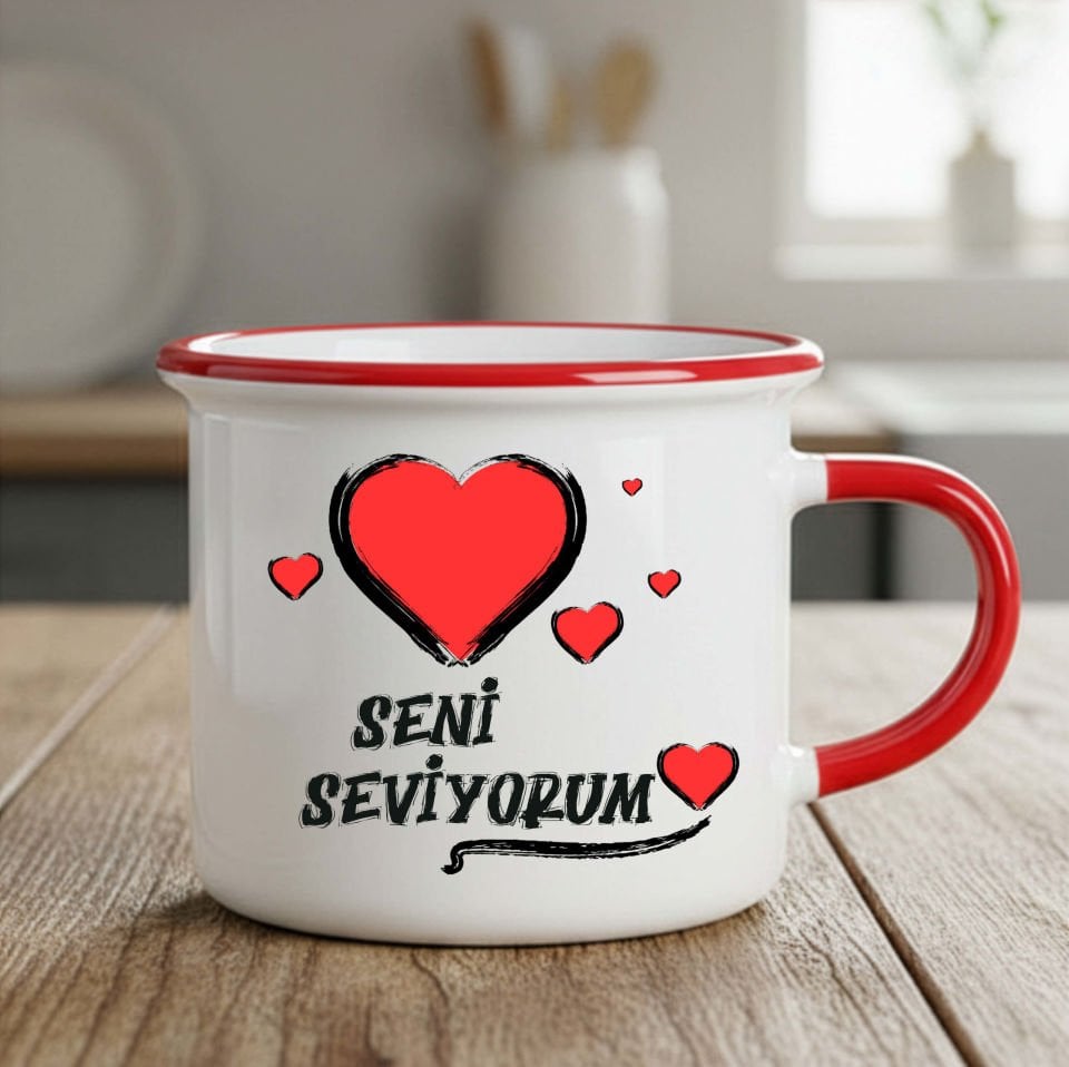 Sevgililere Özel Seni Seviyorum Kalpli Kırmızı Enamel Kupa Bardak - Sevgililere Özel Seni Seviyorum Bardak