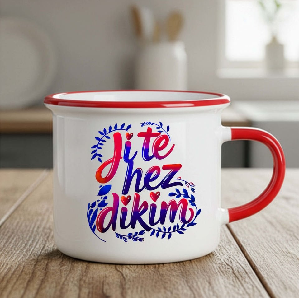 Kürtçe Sevgililere Özel Ji Te Hez Dikim Enamel Kırmızı Kupa Bardak - Ji Te Hez Dikim Enamel Kupası