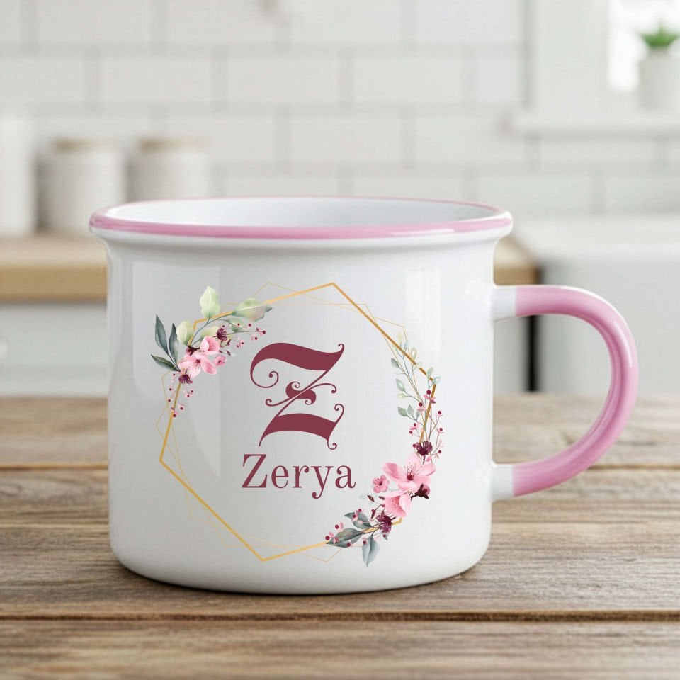 İsme ve Sevgililere Özel Enamel Pembe Harf Kupa Bardak - İsme ve Sevgililere Özel Enamel Kupası