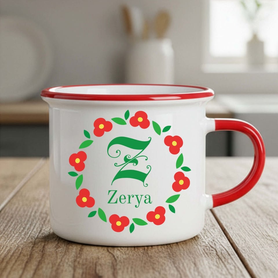 İsme ve Sevgililere Özel Enamel Kırmızı Çiçekli Harf Kupa Bardak - İsme ve Sevgililere Özel Enamel Kupası