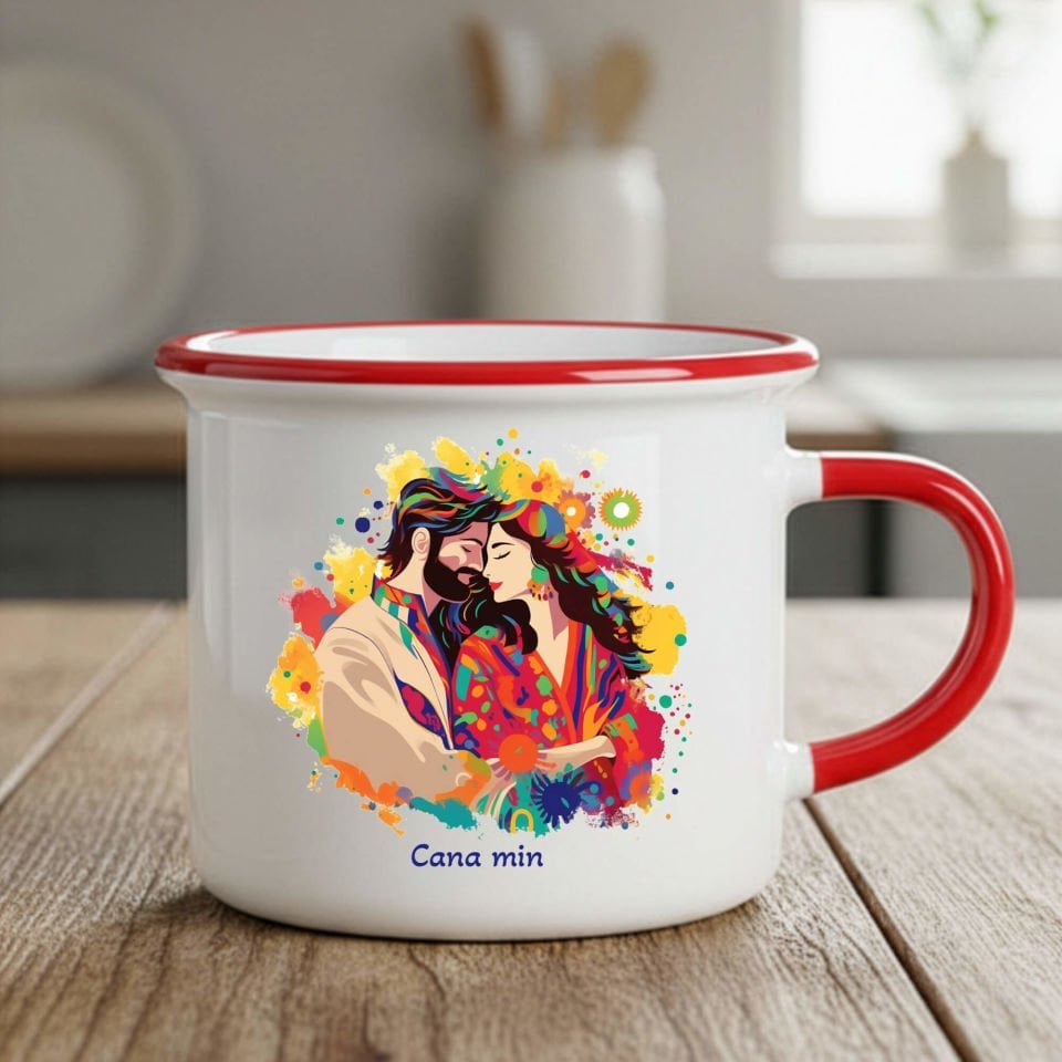 Sevgililere Özel Cana Min Yazılı Mem û Zin Temalı Enamel Kırmızı Kupa Bardak - Sevgililere Özel Cana Min Yazılı Enamel Kupası