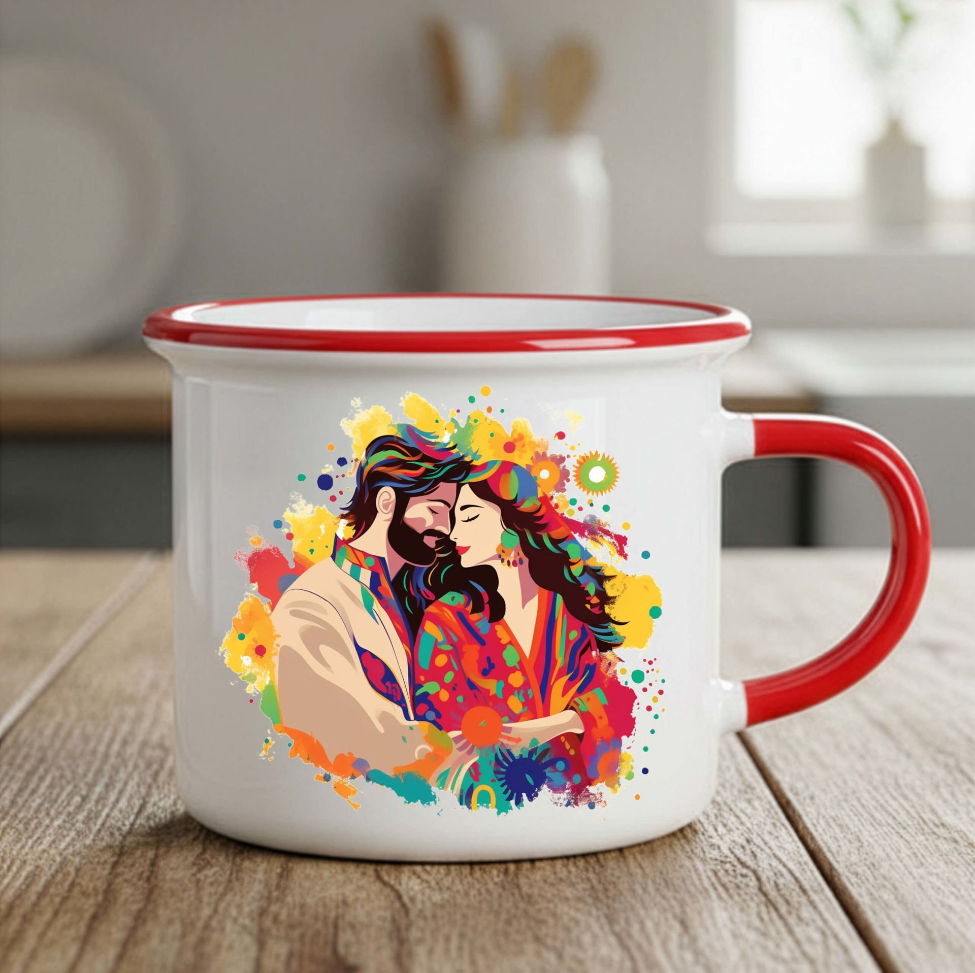 Sevgililere Özel Mem û Zin Temalı Enamel Kırmızı Kupa Bardak - Sevgililere Özel Mem û Zin Temalı Enamel Kupası
