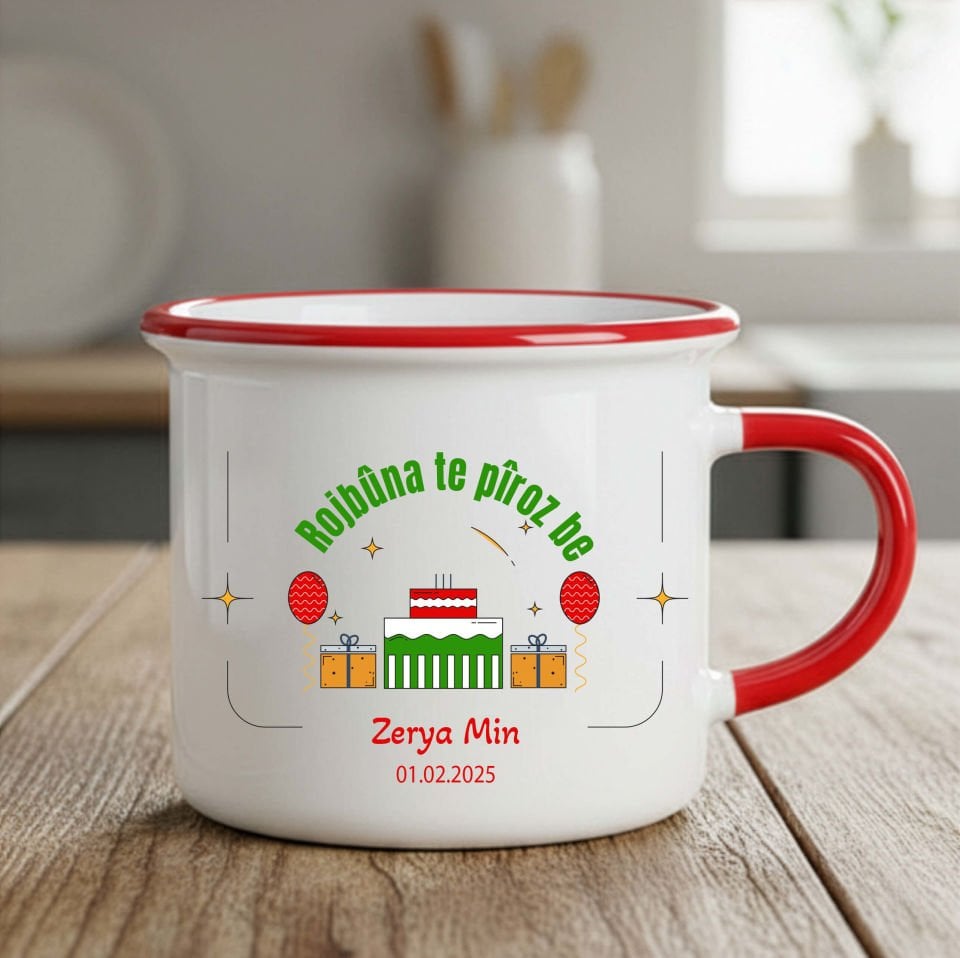 İsme Özel ve Doğum Tarihli Kürtçe Doğum Günü Kutlama Enamel Kupa Bardağı - Rojbûna Te Pîroz be Enamel Kırmızı Kupa Bardak