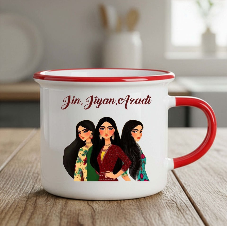 Jin Jiyan Azadi Temalı Kırmızı Enamel Kupa Bardak - Jin Jiyan Azadi Bardak