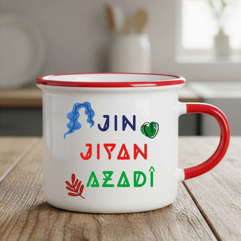 Jin Jiyan Azadi Temalı Kırmızı Enamel Kupa Bardak - Jin Jiyan Azadi Kupası